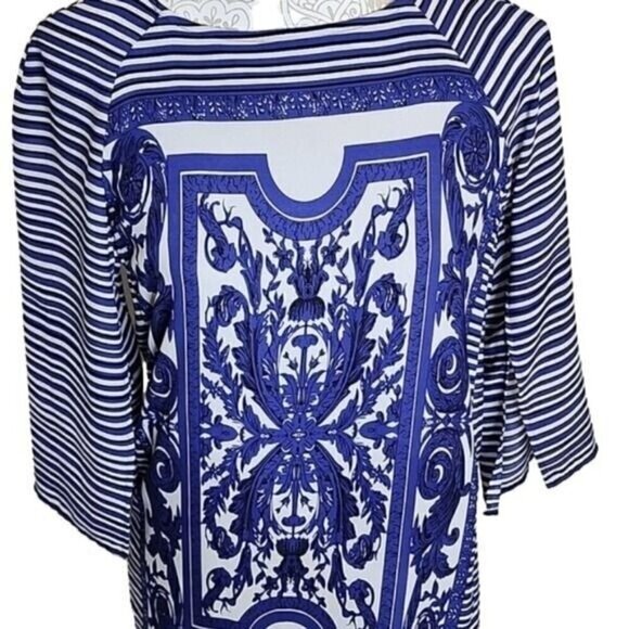 Muse Mini Shift Dress blue & white design lined 3/4 Bell slit sleeves Women's 2 - Picture 2 of 6
